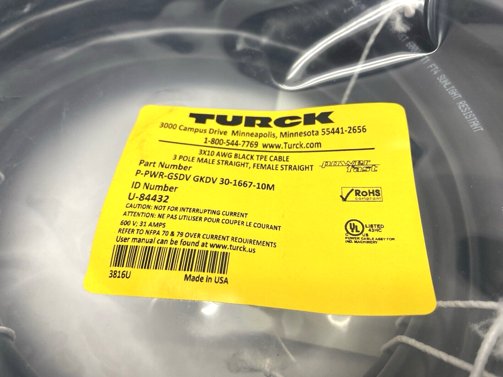 P-PWR-GSDV GKDV 30-1667-10M | Turck Powerfast Cable 3-pin M/F Straight U-84432 - New - Maverick Industrial Sales