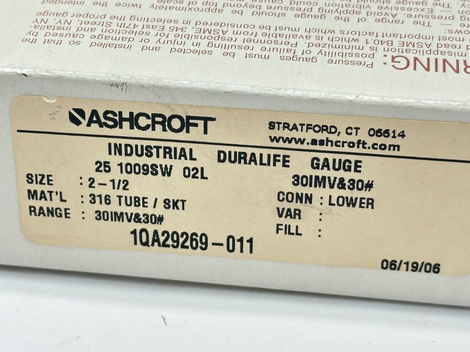 Ashcroft 1QA29269-011 Industrial Duralife Gauge 30IMV&30# 2-1/2" 25 1009SW 02L - Maverick Industrial Sales