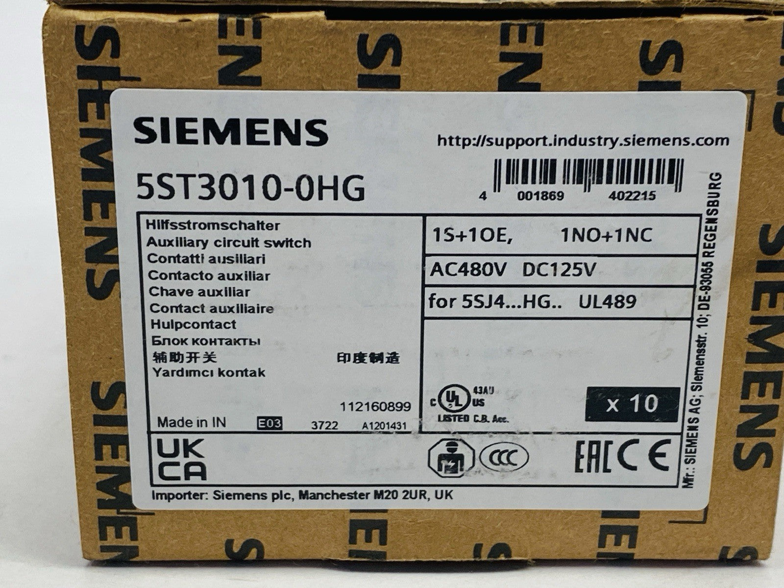 Siemens 5ST3010-0HG Auxiliary Switch 1 NO Contact + 1 NC Contact - Maverick Industrial Sales