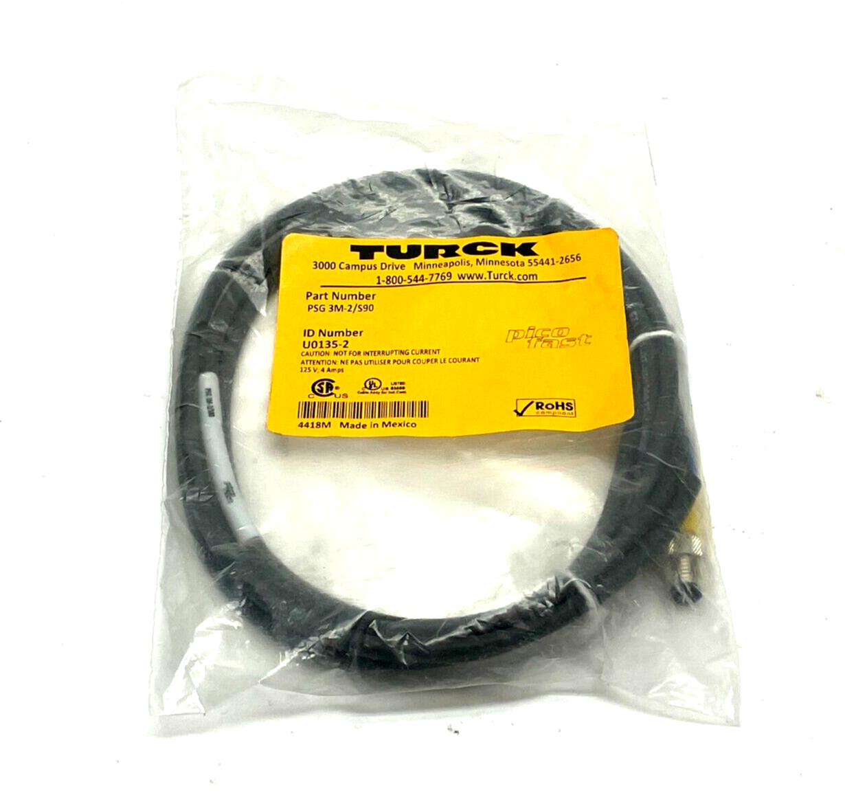 PSG 3M-2/S90 | Turck Picofast Single Ended Cordset M8 Male 2m Length U0135-2 - New - Maverick Industrial Sales