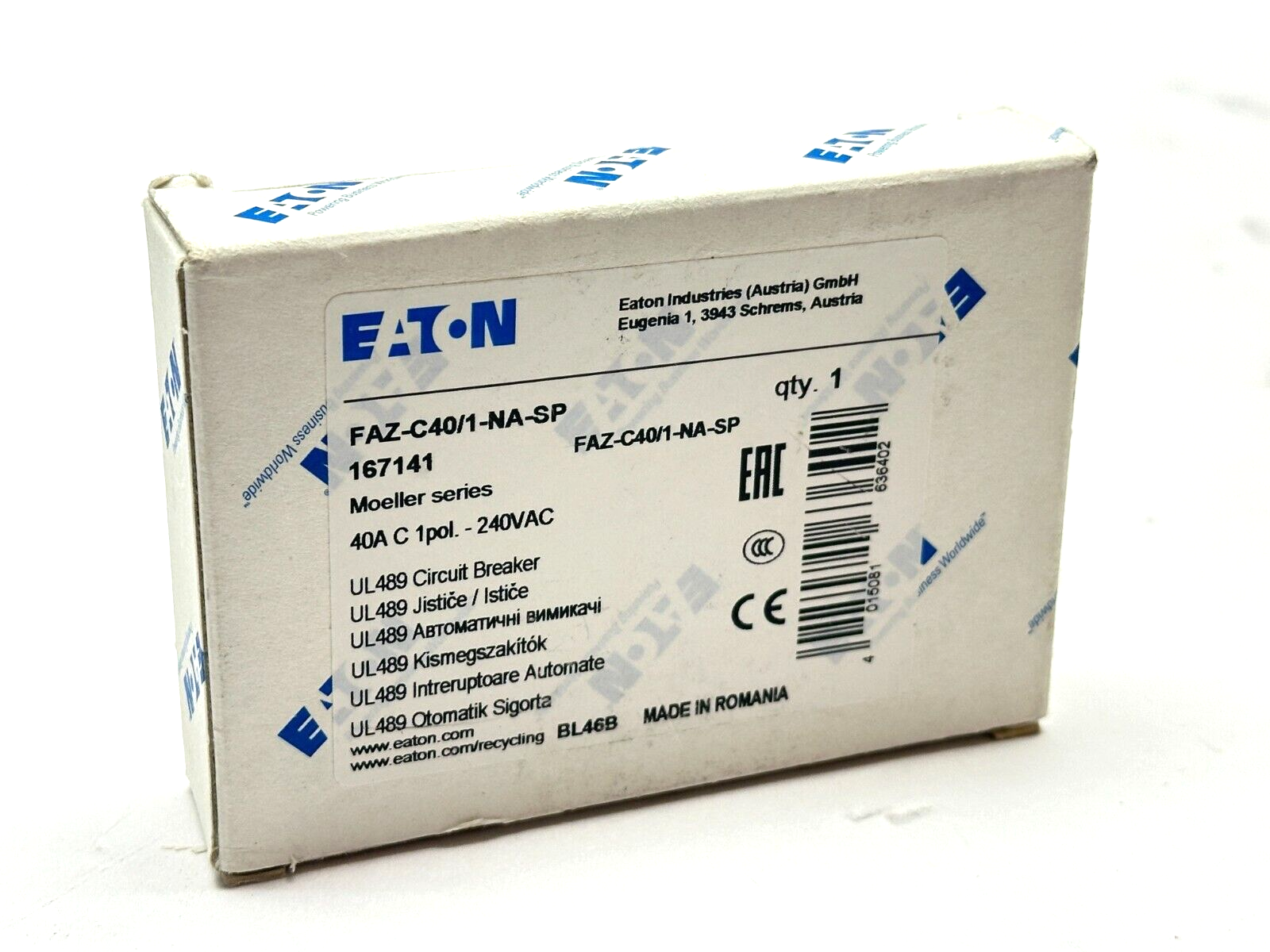 Eaton FAZ-C40/1-NA-SP Circuit Breaker 1-Pole 40A 240VAC 167141 - Maverick Industrial Sales