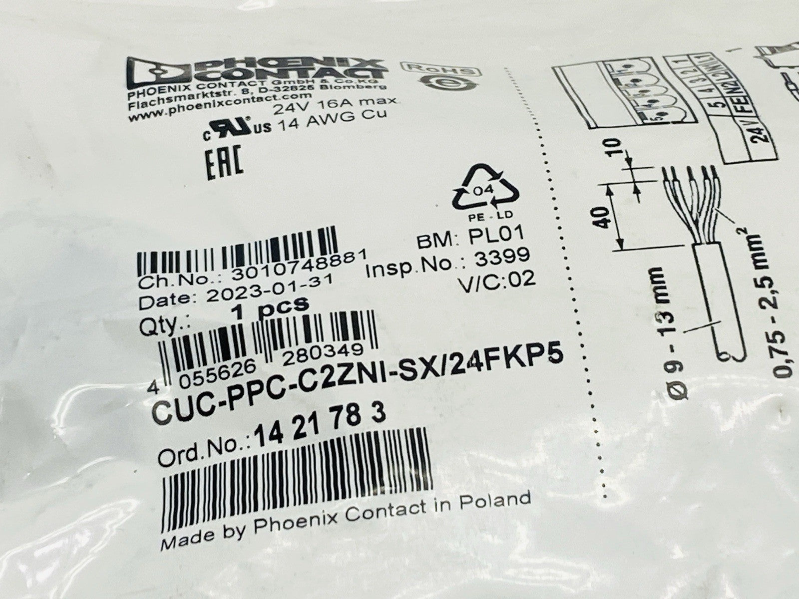 Phoenix Contact CUC-PPC-C2ZNI-SX/24FKP5 Power Connector 1421783 - Maverick Industrial Sales