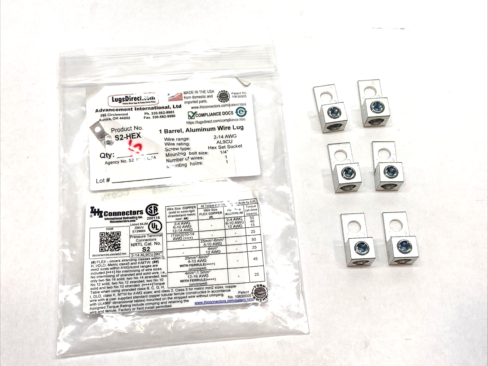 Lugs Direct S2-HEX Single Aluminum Wire Lug 2-14 AWG BAG OF 6 - Maverick Industrial Sales