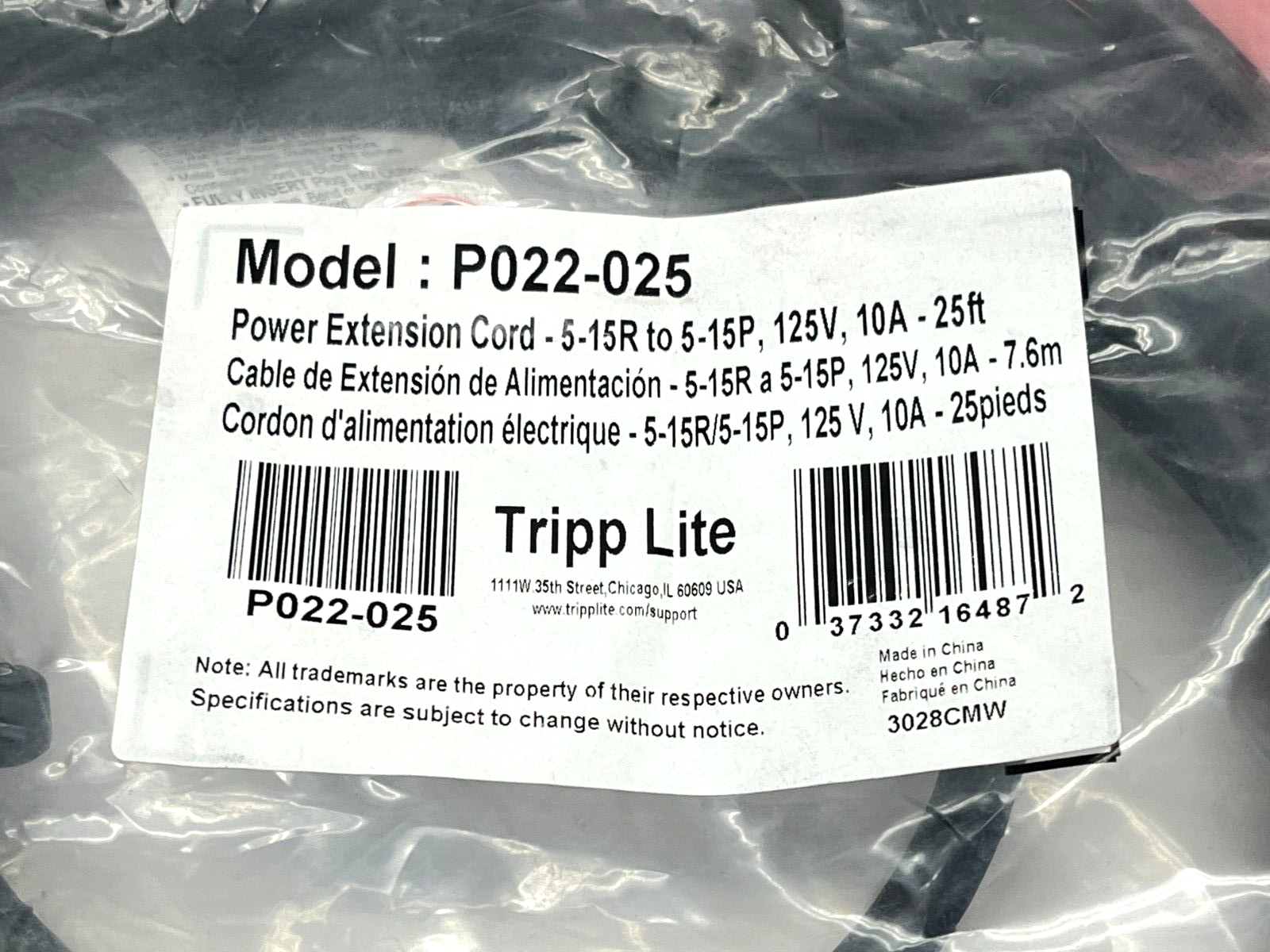 Tripp Lite P022-025 Power Extension Cord 5-15R to 5-15P 10A 125V 25ft Length - Maverick Industrial Sales