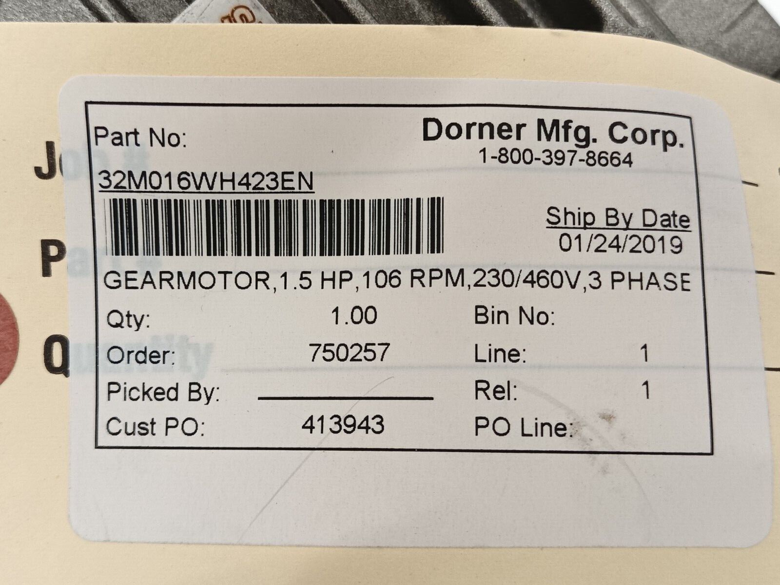 Dorner 32M016WH423EN Gearmotor 1.5HP 106RPM 230/460V 3PH SA47 DRN90S4 - Maverick Industrial Sales
