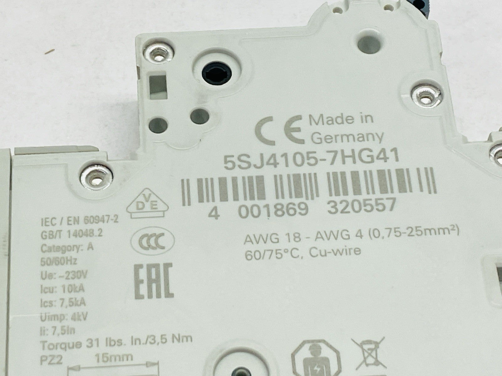 Siemens 5SJ4105‑7HG41 Miniature CB 0.5A 1‑Pole 240V – No Box - Maverick Industrial Sales