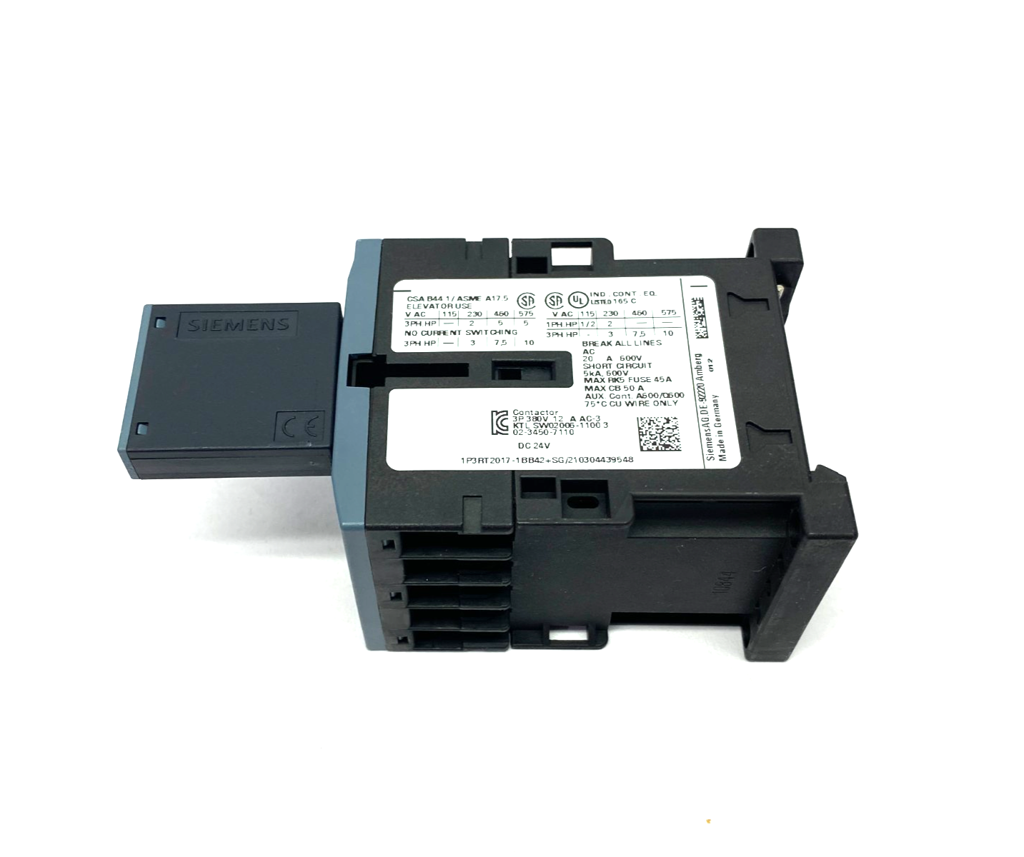 Siemens 3RT2017-1BB42 SIRIUS Power Contactor 3-Pole 12A 400V w/ 3RT2916-1BB00 - Maverick Industrial Sales