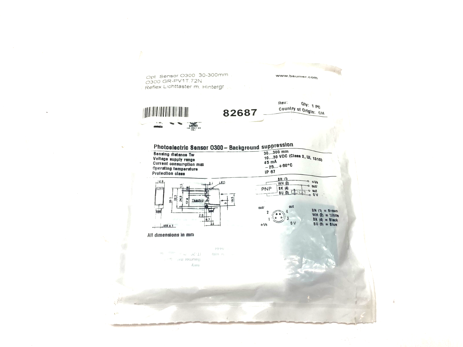 Baumer O300.GR-PV1T.72N Light Barrier/Diffuse Photoelectric Sensor 11135881 - Maverick Industrial Sales