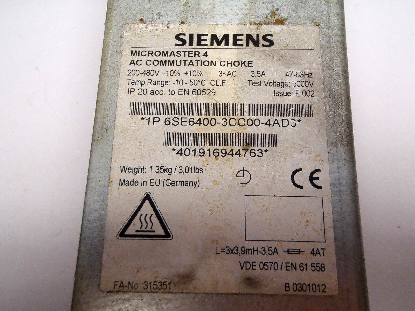 Siemens 1P 6SE6400-3CC00-4AD3 Micromaster 4 Line Reactor 200V-480V 3AC 3.5A Base - Maverick Industrial Sales
