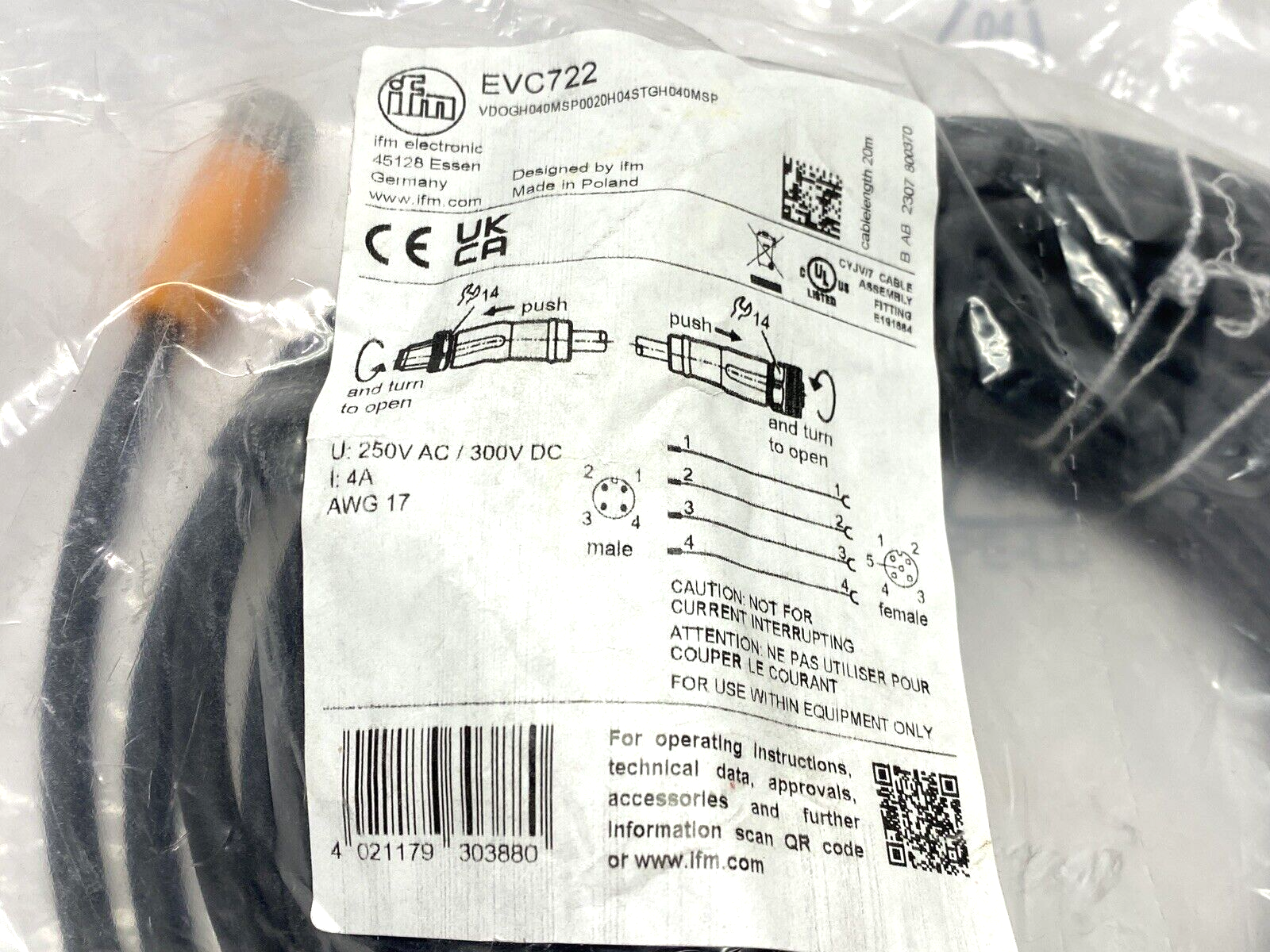 IFM EVC722 M12 Male to Female 20m Cable Assembly VDOGH040MSP0020H04STGH040MSP - Maverick Industrial Sales