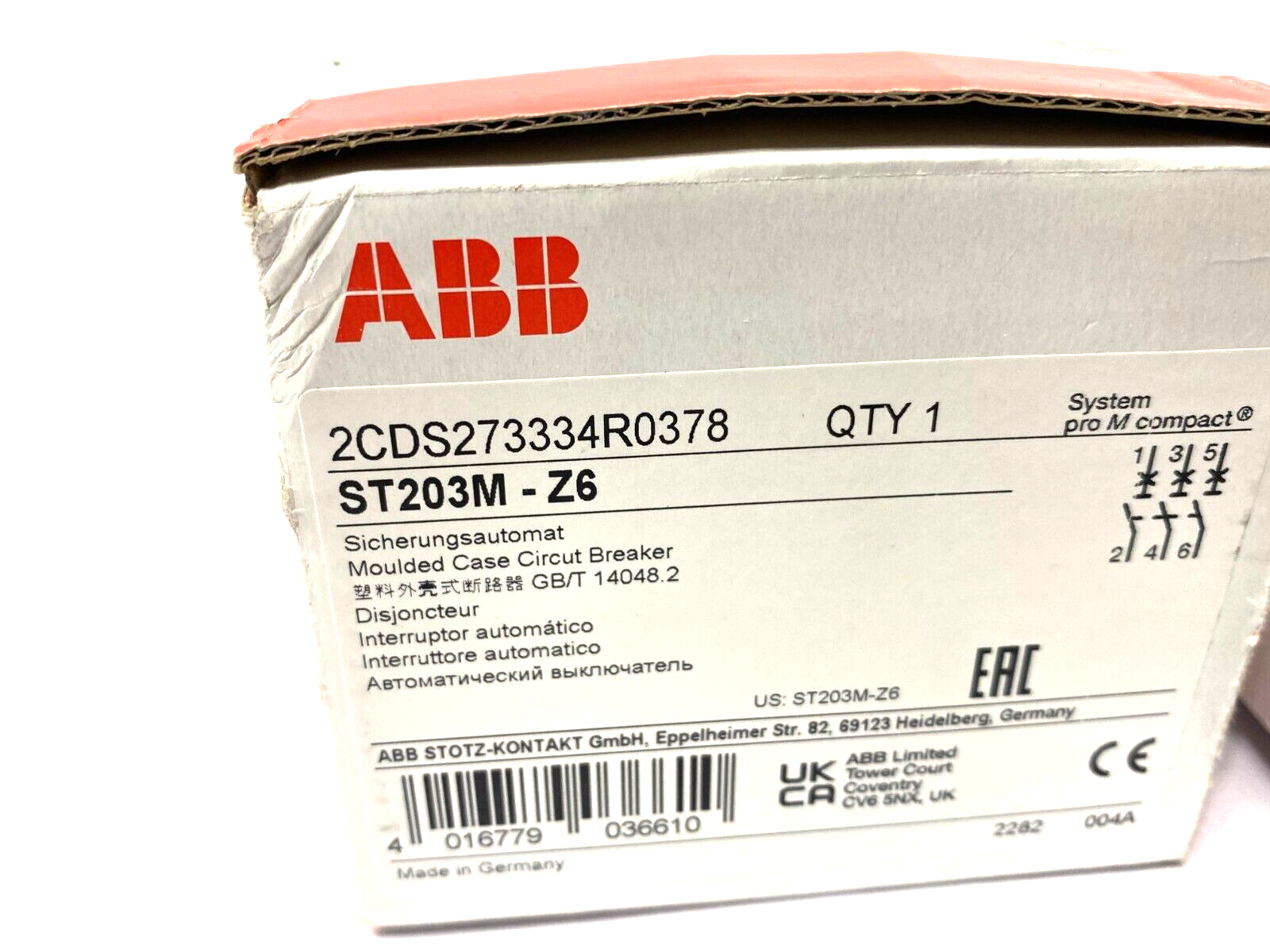ABB 2CDS273334R0378 proM compact System Circuit Breaker 3-Pole ST203M-Z6 - Maverick Industrial Sales