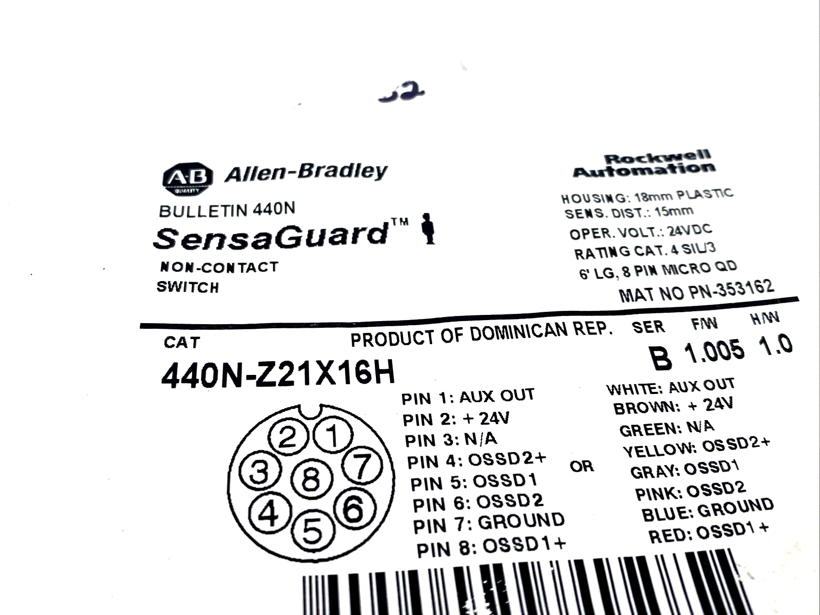 Allen Bradley 440N-Z21X16H Ser. B SensaGuard Non-Contact Switch, M18 Body - Maverick Industrial Sales