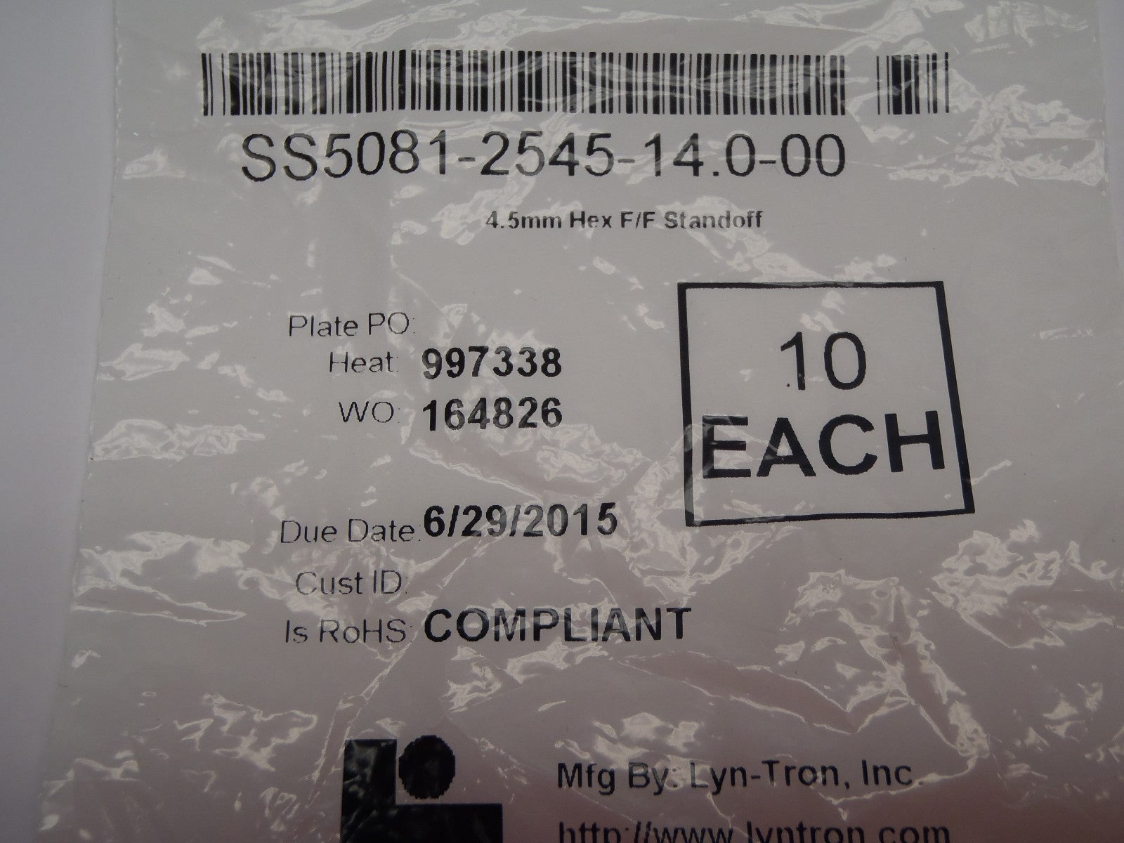 SS5081-2545-14.0-00 | Lyn-Tron 4.5mm Hex F/F Standoff LOT OF 10 - New – Open Box - Maverick Industrial Sales