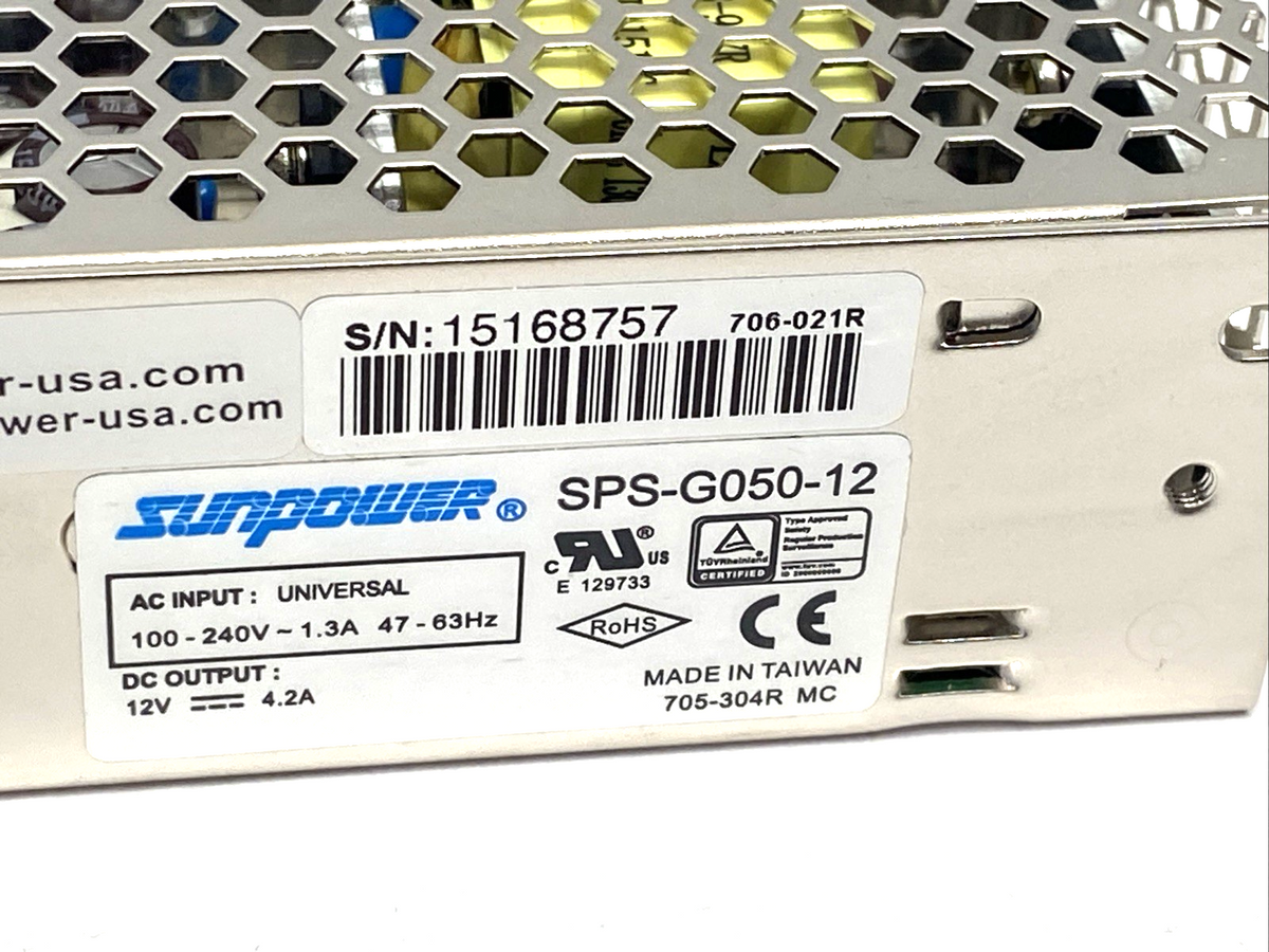Sun Power SPS-G050-12 Power Supply 100-240VAC 12VDC 4.2A - Maverick Industrial Sales