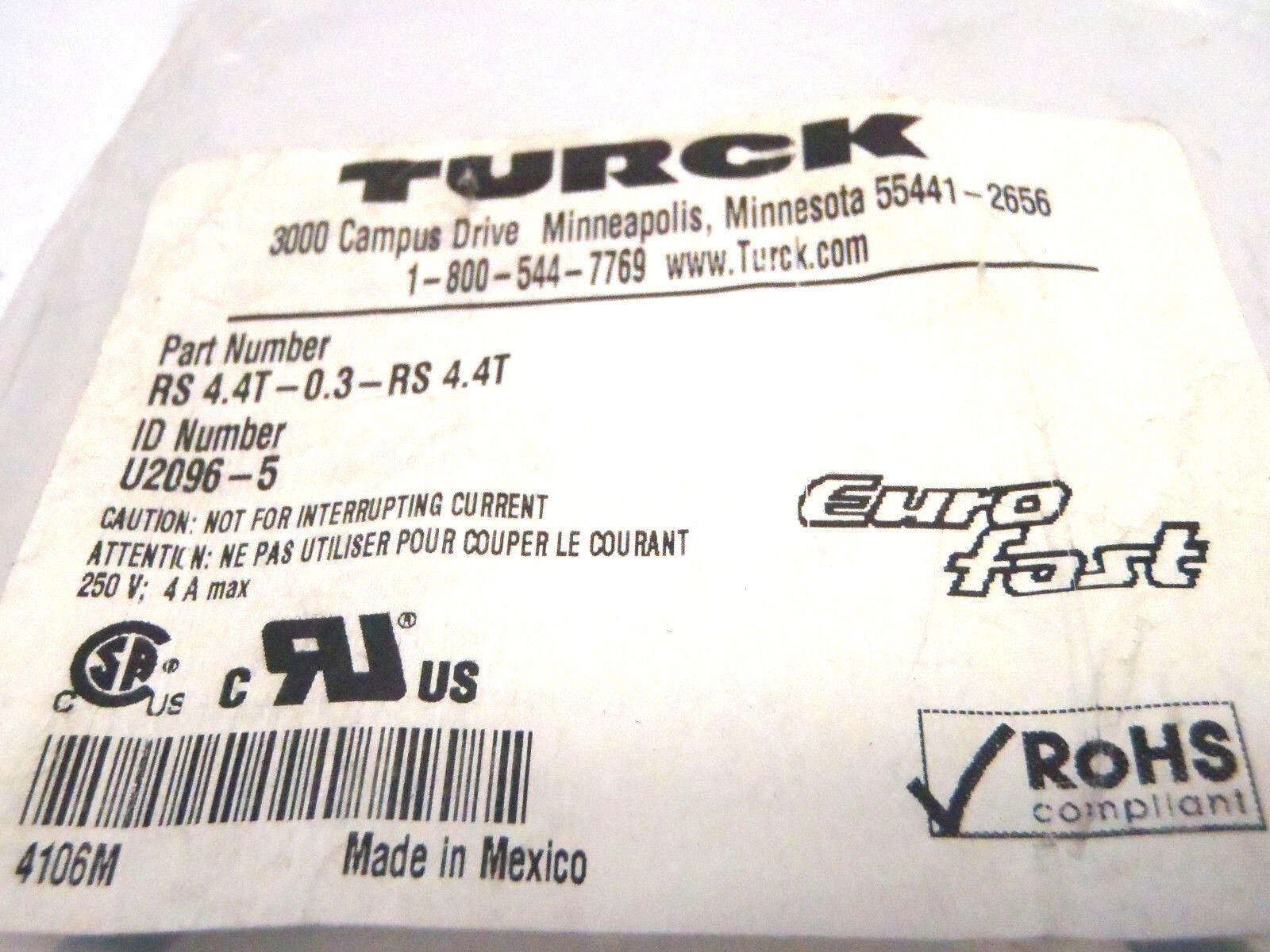 Turck RS 4.4T-0.3-RS 4.4T Eurofast Cable U2096-5 Connector Cable - Maverick Industrial Sales