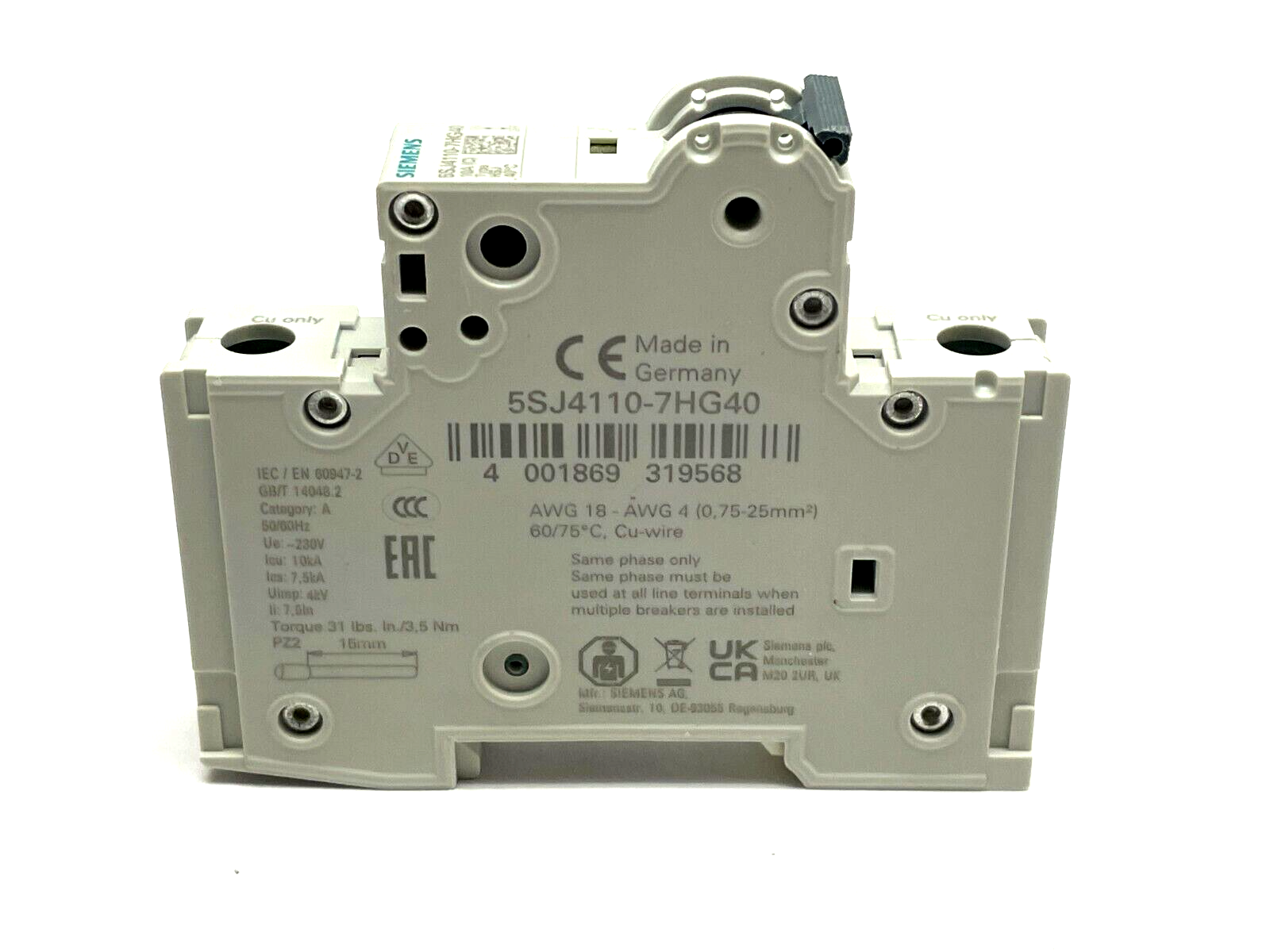 Siemens 5SJ4110-7HG40 Miniature Circuit Breaker 10A 1P - Maverick Industrial Sales