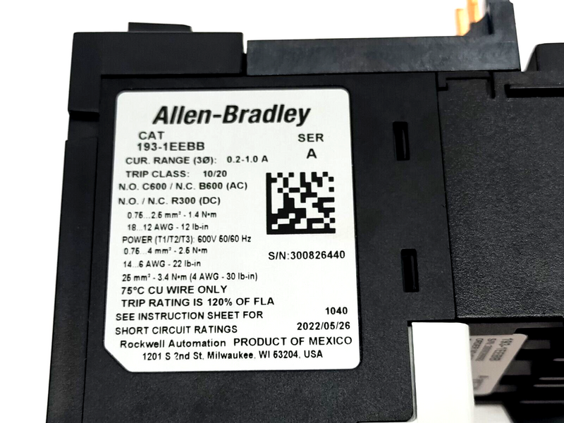 Allen Bradley 193-1EEBB Ser. A E100 0.2-1A Direct Mount Overload Relay - Maverick Industrial Sales