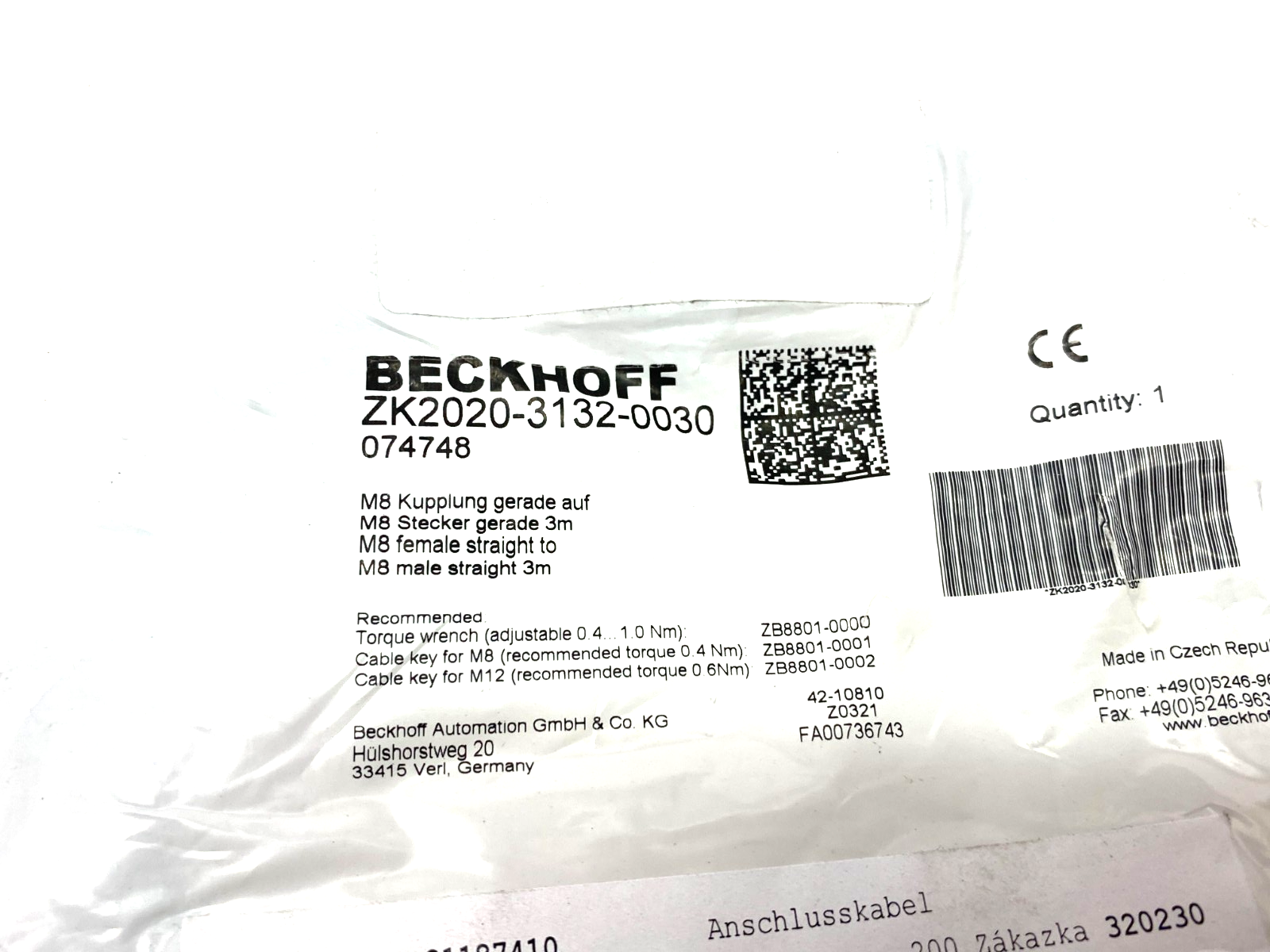 Beckhoff ZK2020-3132-0030 Double Ended Power Cordset M8 4-Pin 3m 074748 - Maverick Industrial Sales