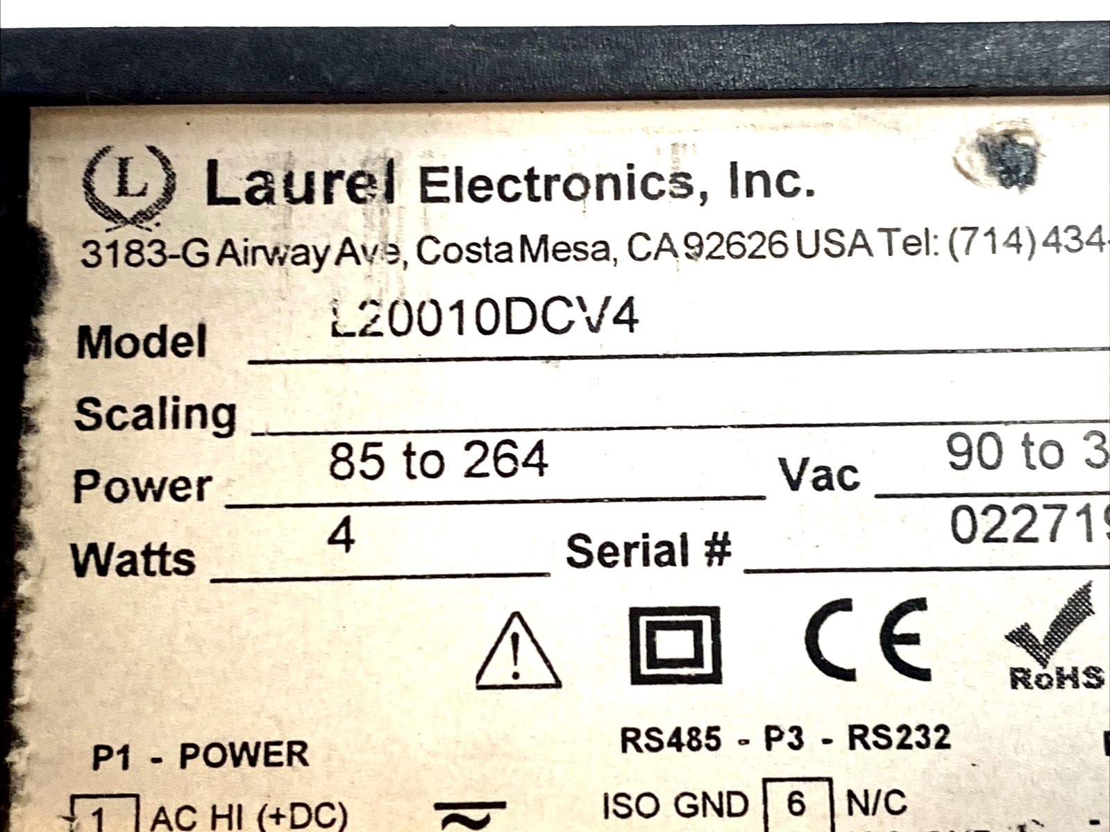 L20010DCV4 | Laurel DC Voltage Current Panel Meter 1/8 Din Red LED 85–264VAC - Used - Maverick Industrial Sales
