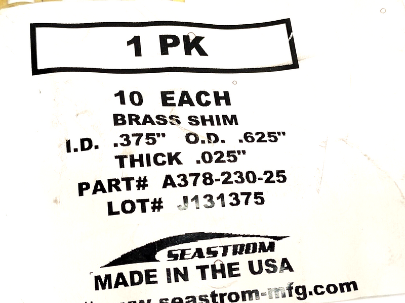 Seastrom A378-230-25 Brass Washer/Shim 0.375" ID x 0.625" OD x 0.025" Thick 10PK - Maverick Industrial Sales