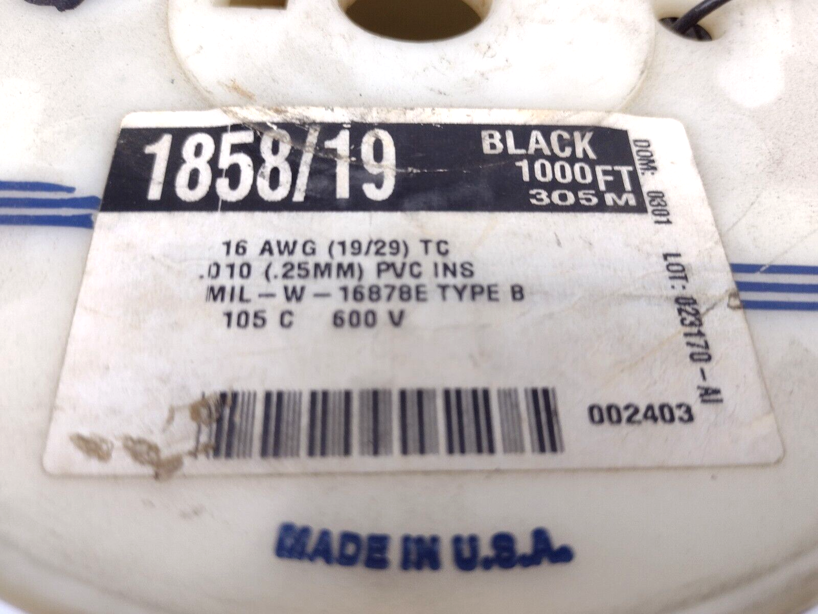 Alpha Wire 1858/19 Black 16 AWG 19/29 PVC MIL-W-16878E Type B, 3.5 lb Spool - Maverick Industrial Sales