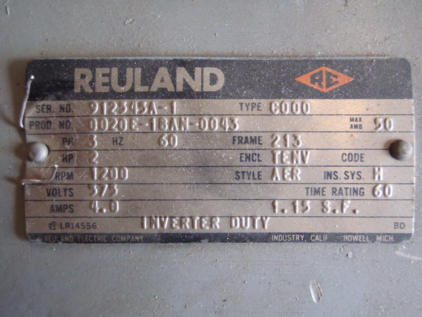 REULAND 0020E-1BAN-0043 3-PHASE 2 HP 1200 RPM 60HZ 575V STEARNS 1-087-022-HO-ENF - Maverick Industrial Sales