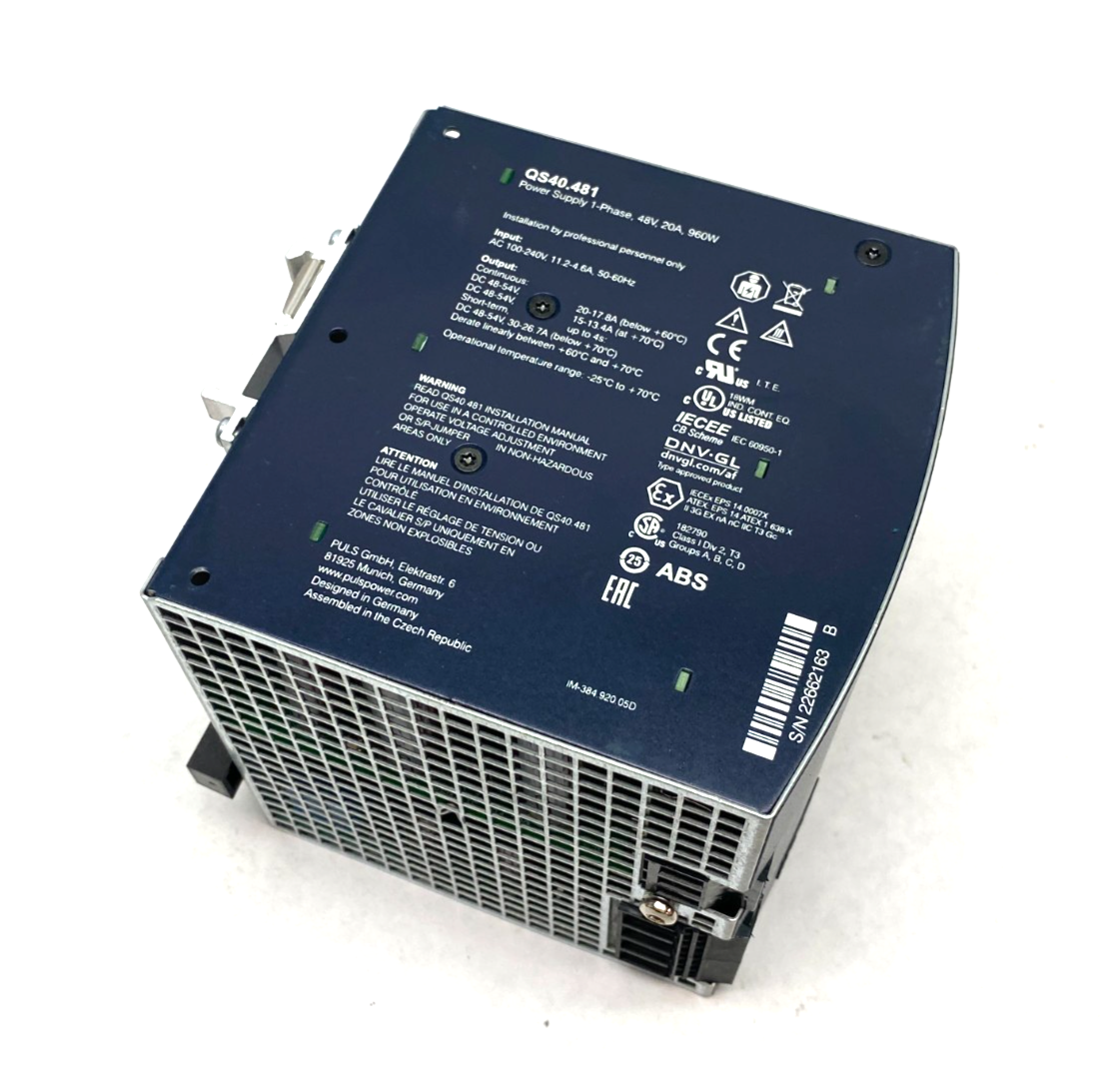 QS40.481 | Puls Single Phase Power Supply, DIN Rail, 960W, 48V, 20A - New – Open box - Maverick Industrial Sales
