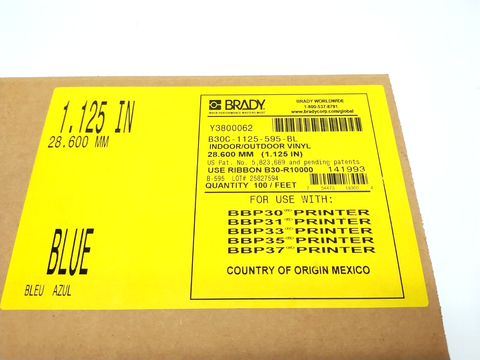 Brady B30C-1125-595-BL All Weather Adhesive Vinyl Label Tape BLUE 100' 141993 - Maverick Industrial Sales