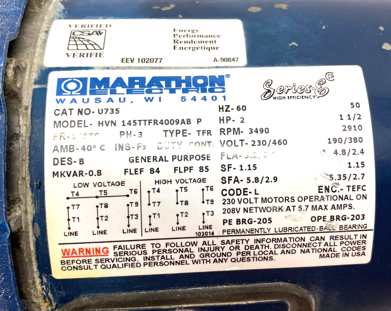 Marathon U735 Series E Inverter Duty Motor 145TC Frame 3490 Rpm 2HP 145TTFR4009 - Maverick Industrial Sales