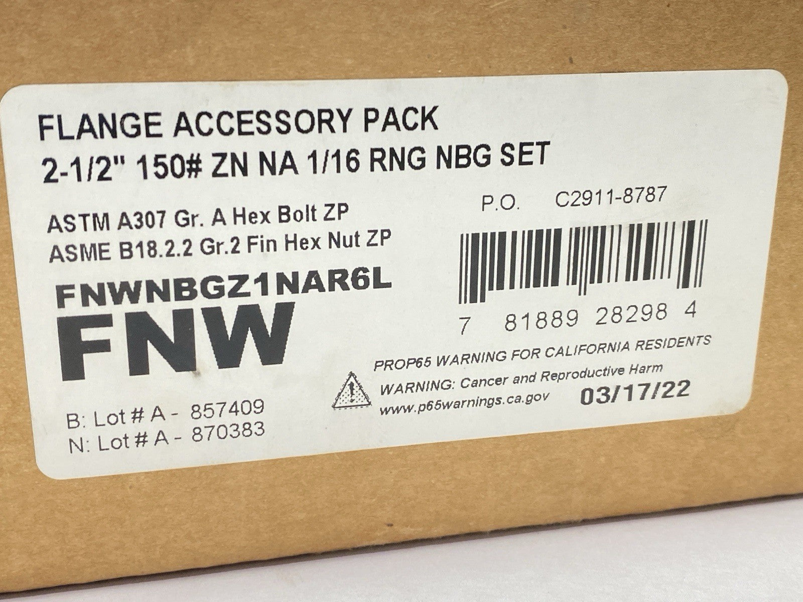 FNWNBGZ1NAR6L | Flange Accessory Pack 2-1/2" 150# ZN NA 1/16 RNG NBG SET - New - Maverick Industrial Sales