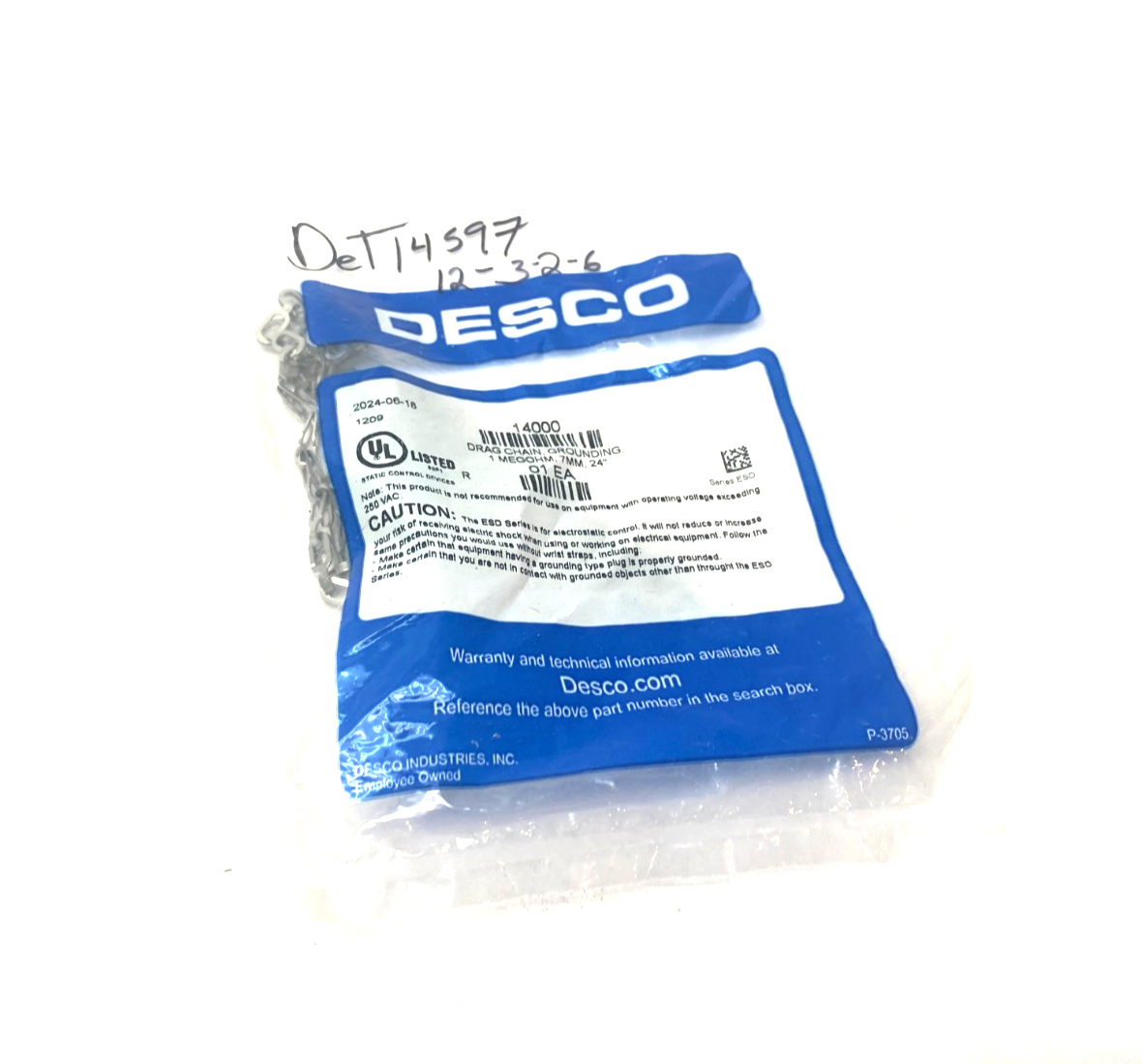 Desco 14000 Grounding Drag Chain 7mm 1 MEGOHM, 24" - Maverick Industrial Sales