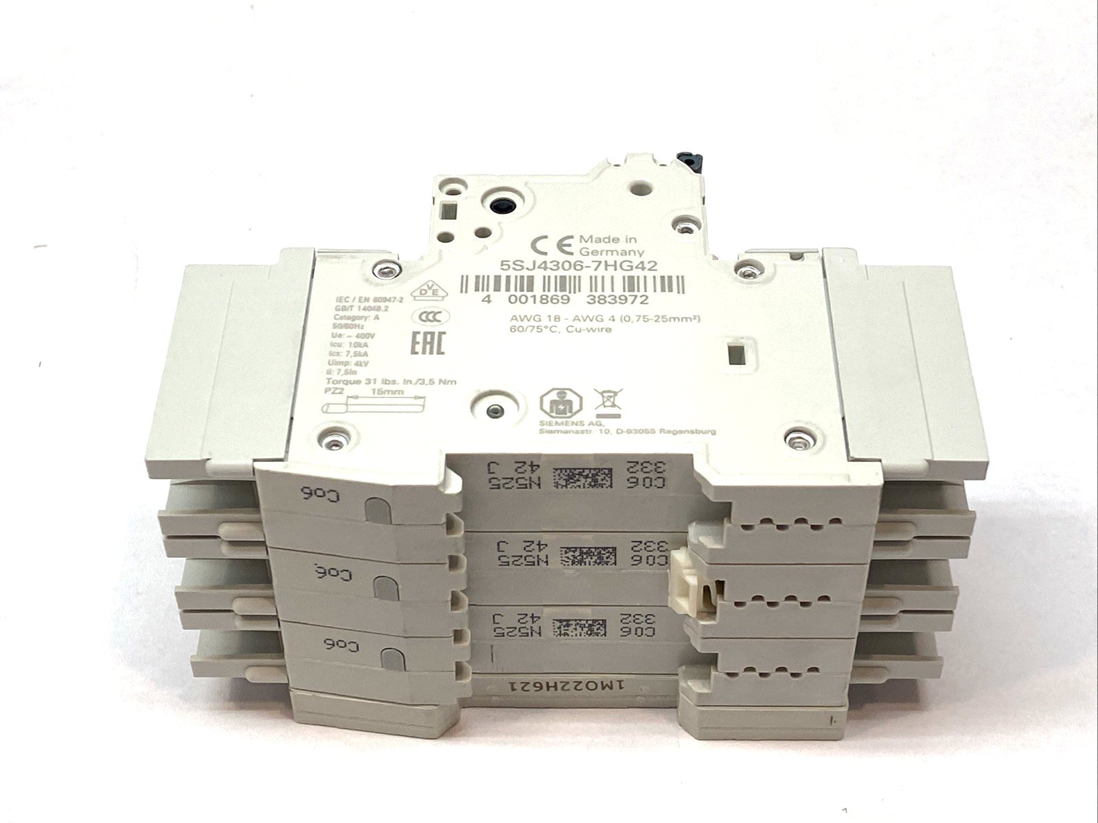 5SJ4306-7HG42 | Siemens Miniature Circuit Breaker 3 Pole 6A 277/480V w/ 5ST3010 - Used - Maverick Industrial Sales