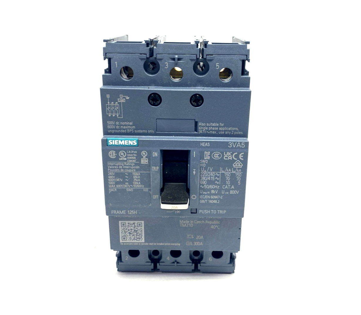 Siemens 3VA5120-6ED31-0AA0 Circuit Breaker 3P UL Frame 125 Breaking Cap 20A - Maverick Industrial Sales