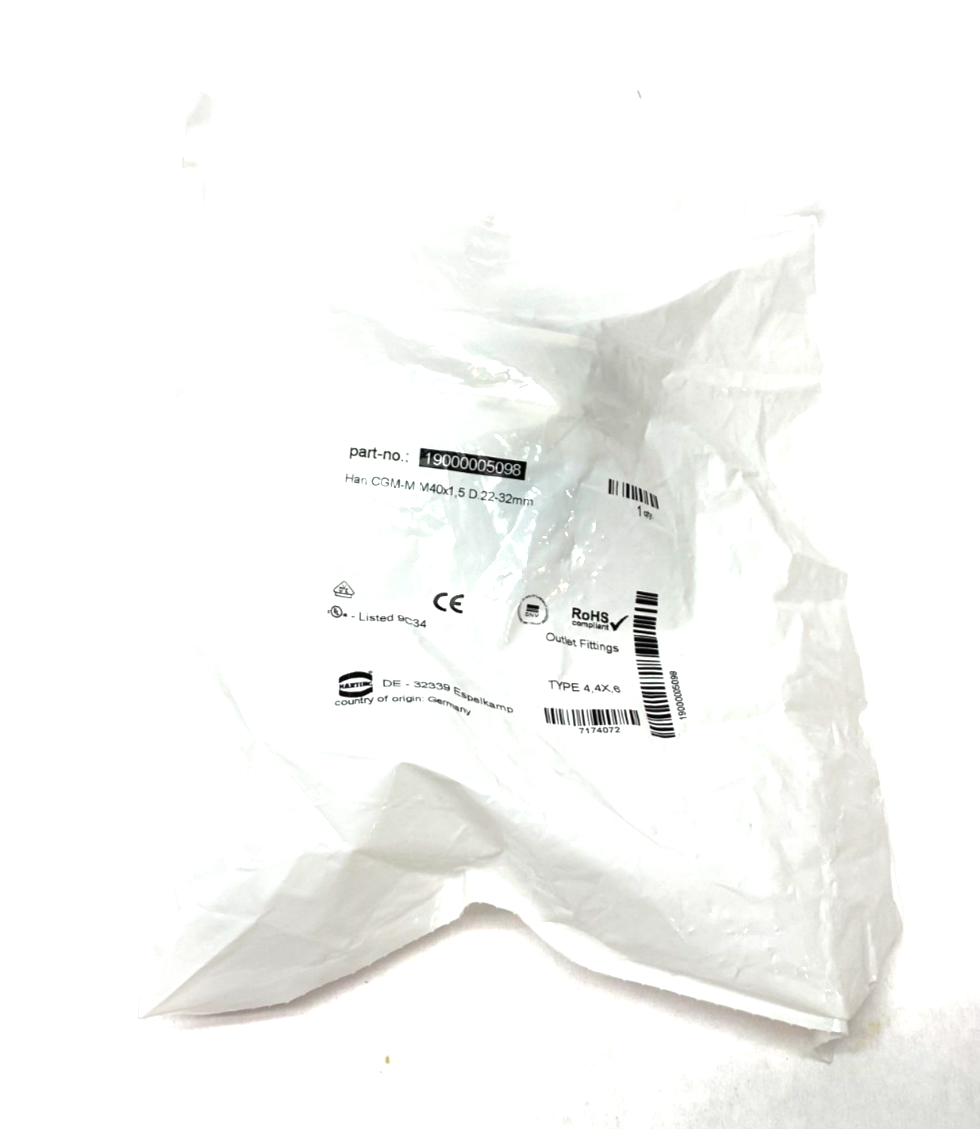 Harting 19000005098 Cable Gland Brass M40 Han CGM-M M40x1,5 D.22-32mm - Maverick Industrial Sales