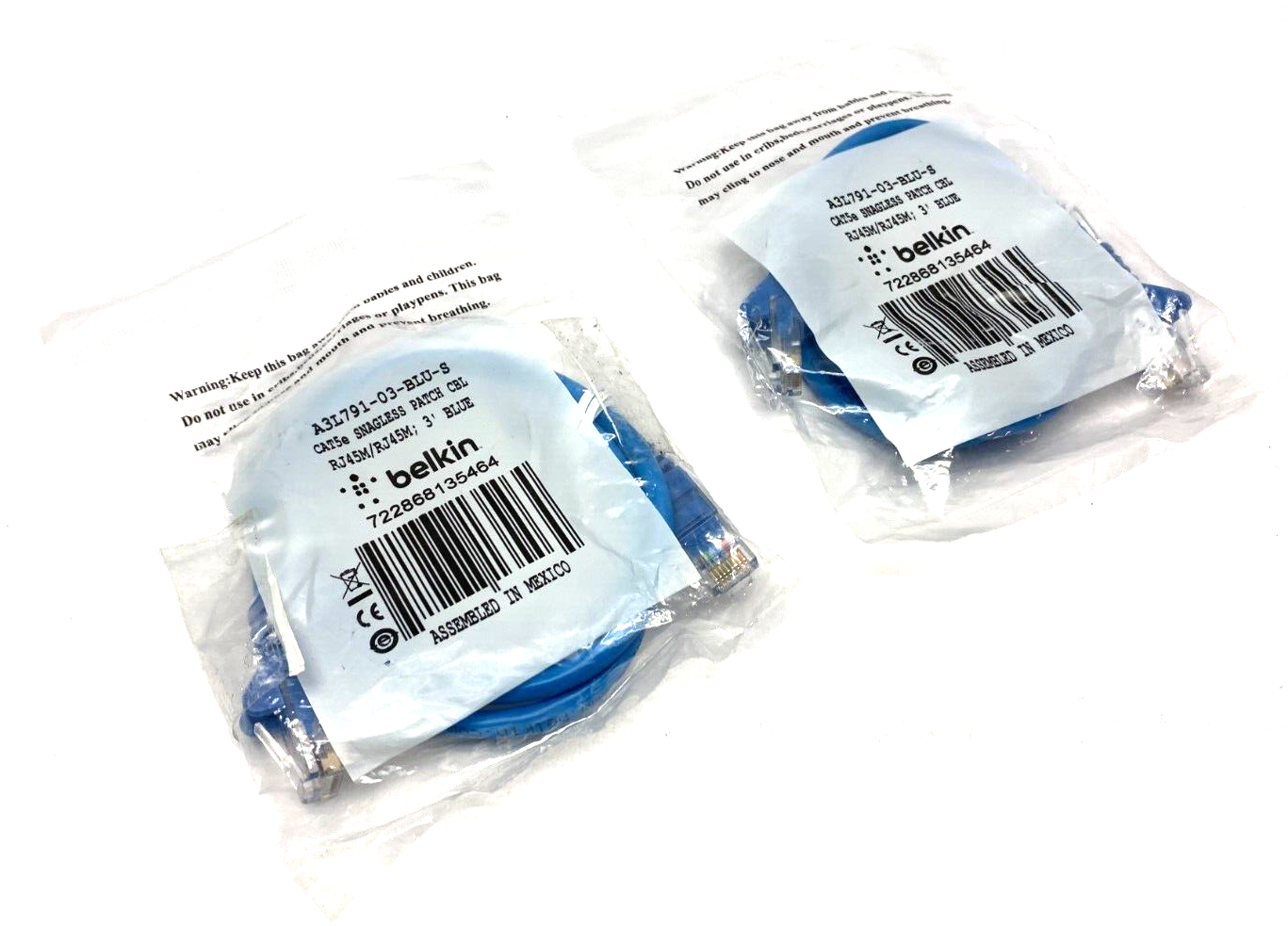 Belkin A3L791-03-BLU-S Cat5 Snagless Patch Cable RJ45 to RJ45 3' Length LOT OF 2 - Maverick Industrial Sales