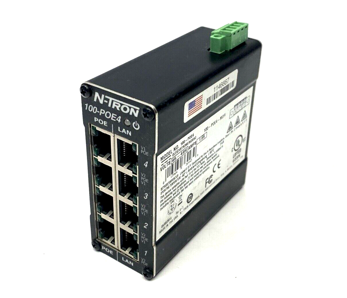 N-TRON 100-POE4 Industrial Ethernet Power Injector 45-49V 4-port 10/100Base-TX - Maverick Industrial Sales