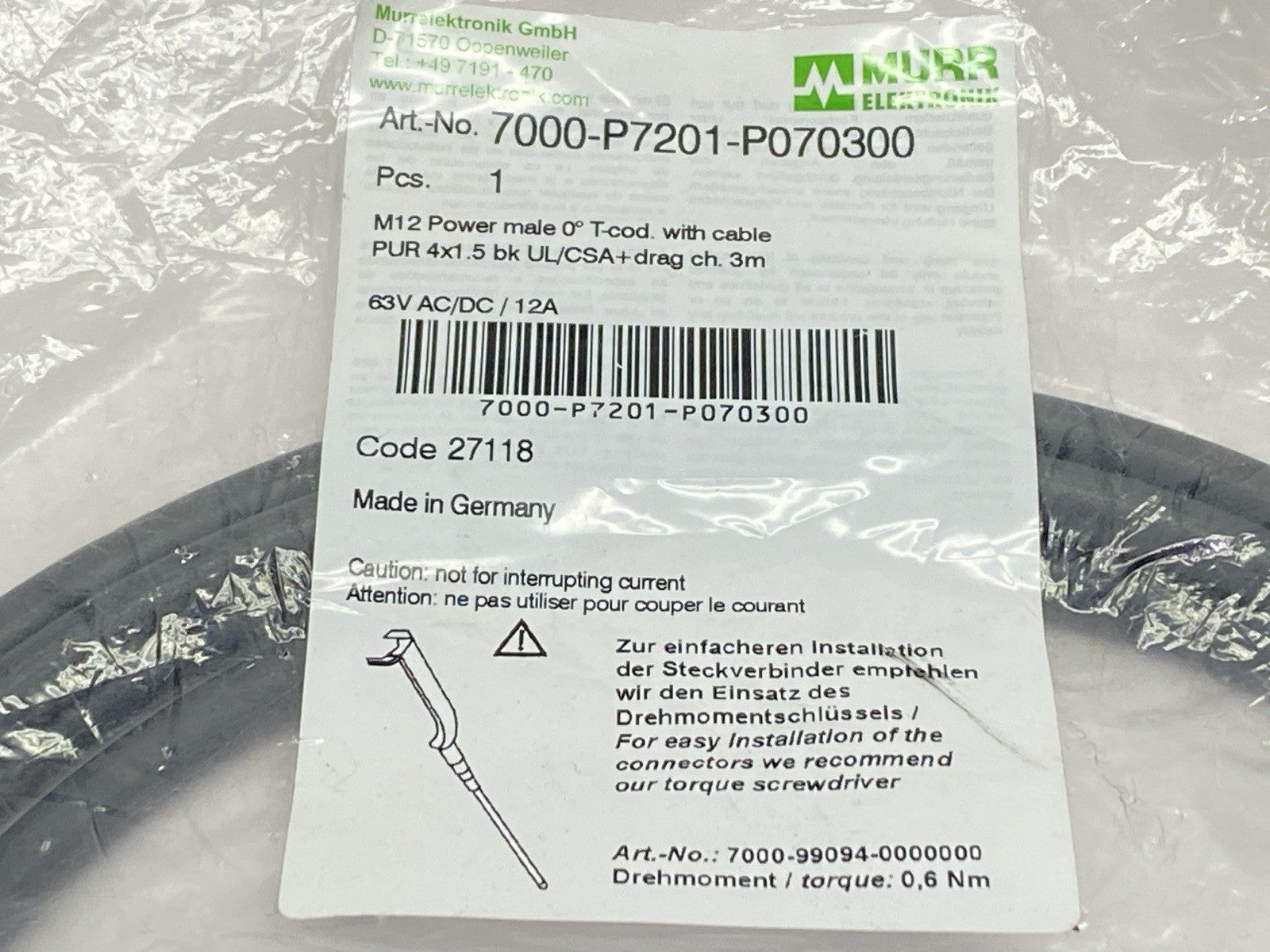 7000-P7201-P070300 | Murr Elektronik Single Ended Cordset Male M12 4-Pin 3m - New - Maverick Industrial Sales