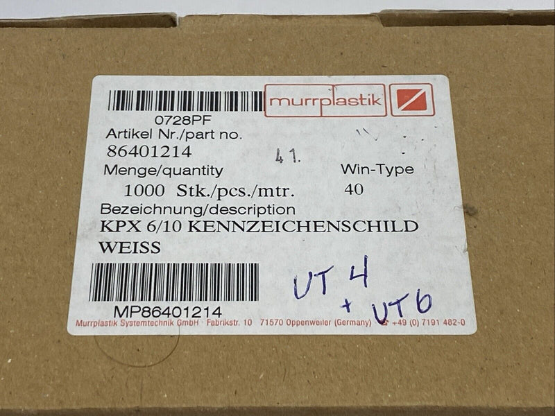 Murrplastik 86401214 Labeling Type KPX 6/10 WIN-Type 40 LOT OF 1024 - Maverick Industrial Sales