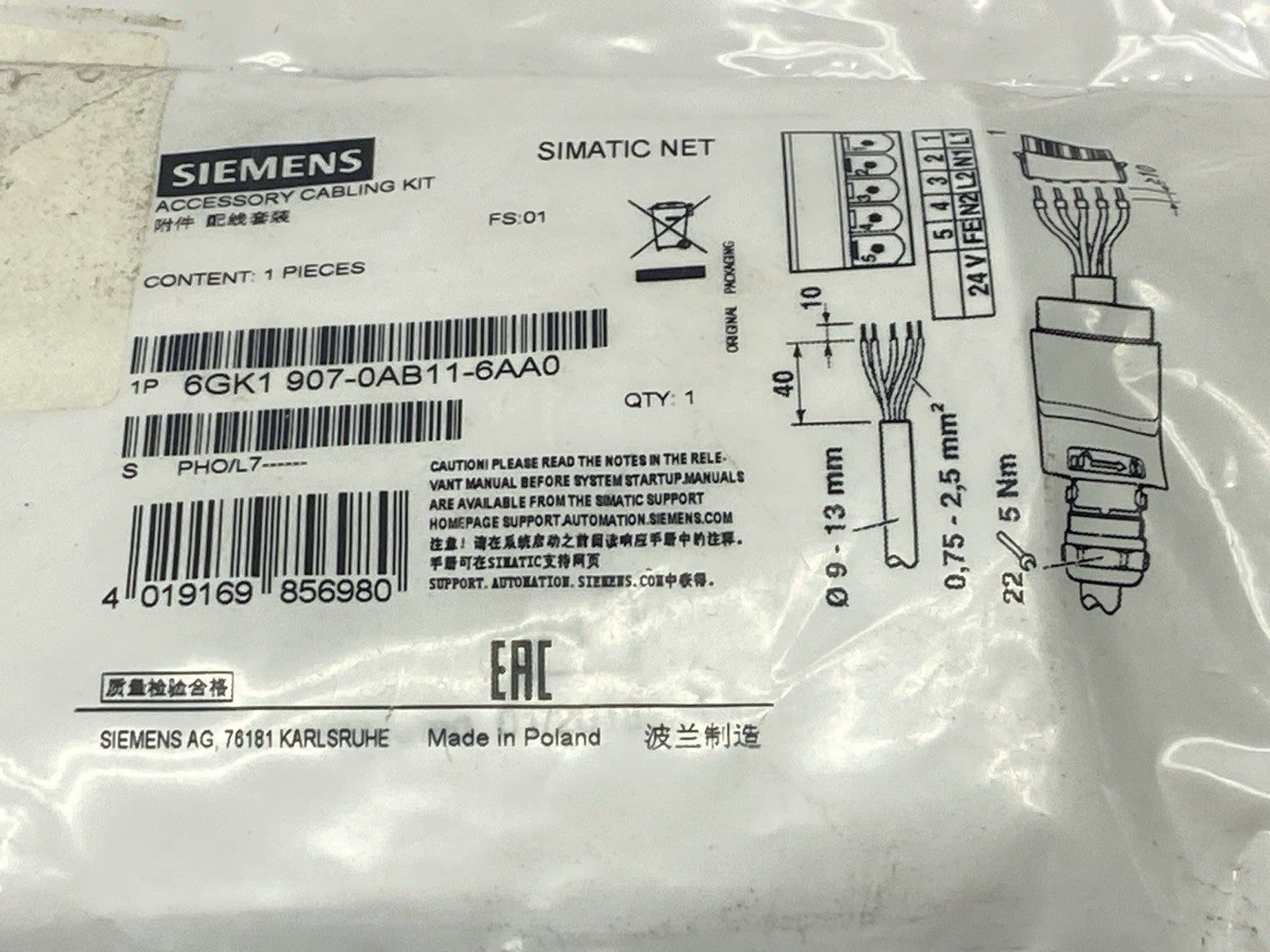 Siemens 6GK1 907-0AB11-6AA0 Power Plug PRO 5-Pole Connector - Maverick Industrial Sales