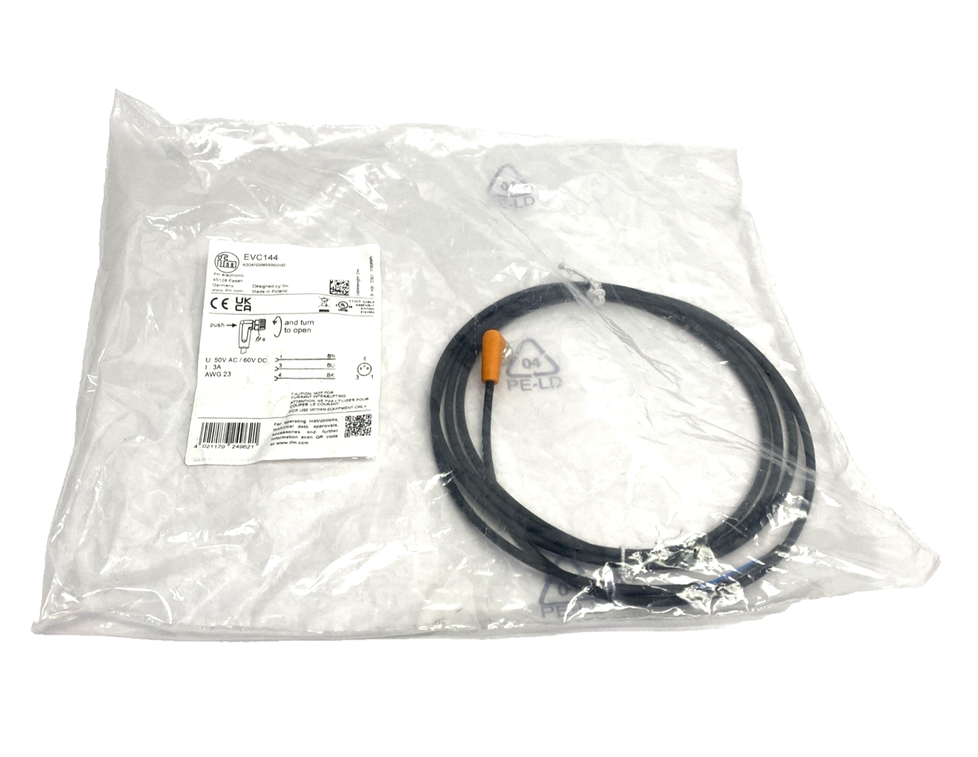 EVC144 | ifm Female Cordset M8 Female Angle 3-Pin 2m ADOAF030MSS0002H03 - New - Maverick Industrial Sales
