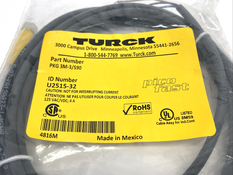 Turck PKG 3M-3/S90 Single-Ended M12 3-Pin Female Connector Cordset U2515-32 - Maverick Industrial Sales