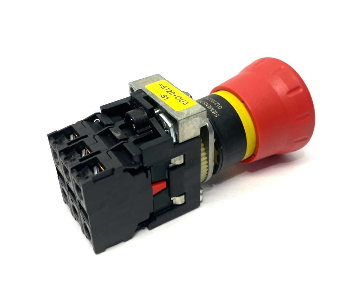 3SU1000-1HB20-0AA0 | Siemens Emergency Stop Pushbutton, 3-Contacts 1x NO, 2x NC - Used - Maverick Industrial Sales