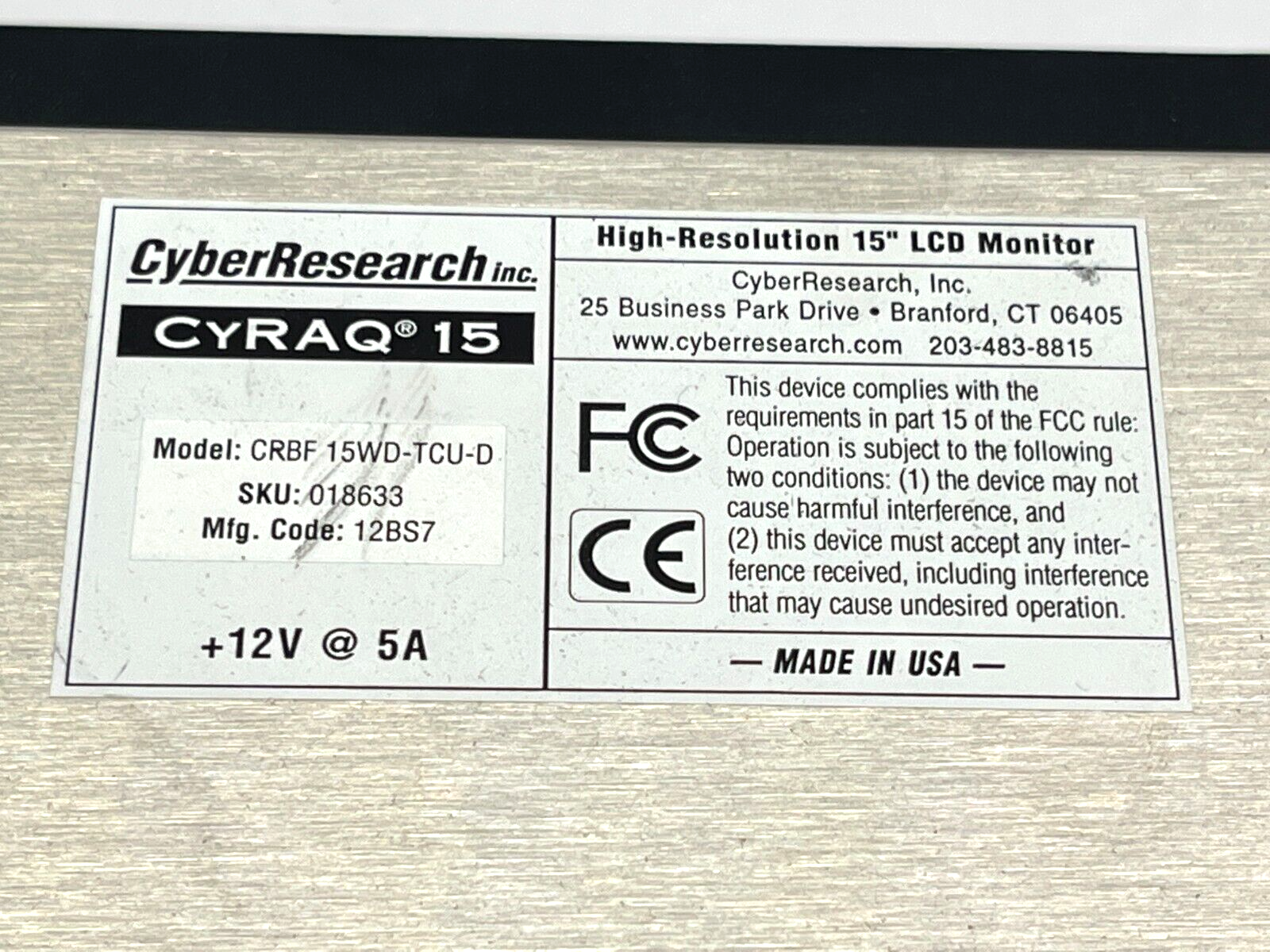 Cyber Research CRBF 15WD-TCU-D CYRAQ 15 High Resolution 15" LCD Touch Monitor - Maverick Industrial Sales