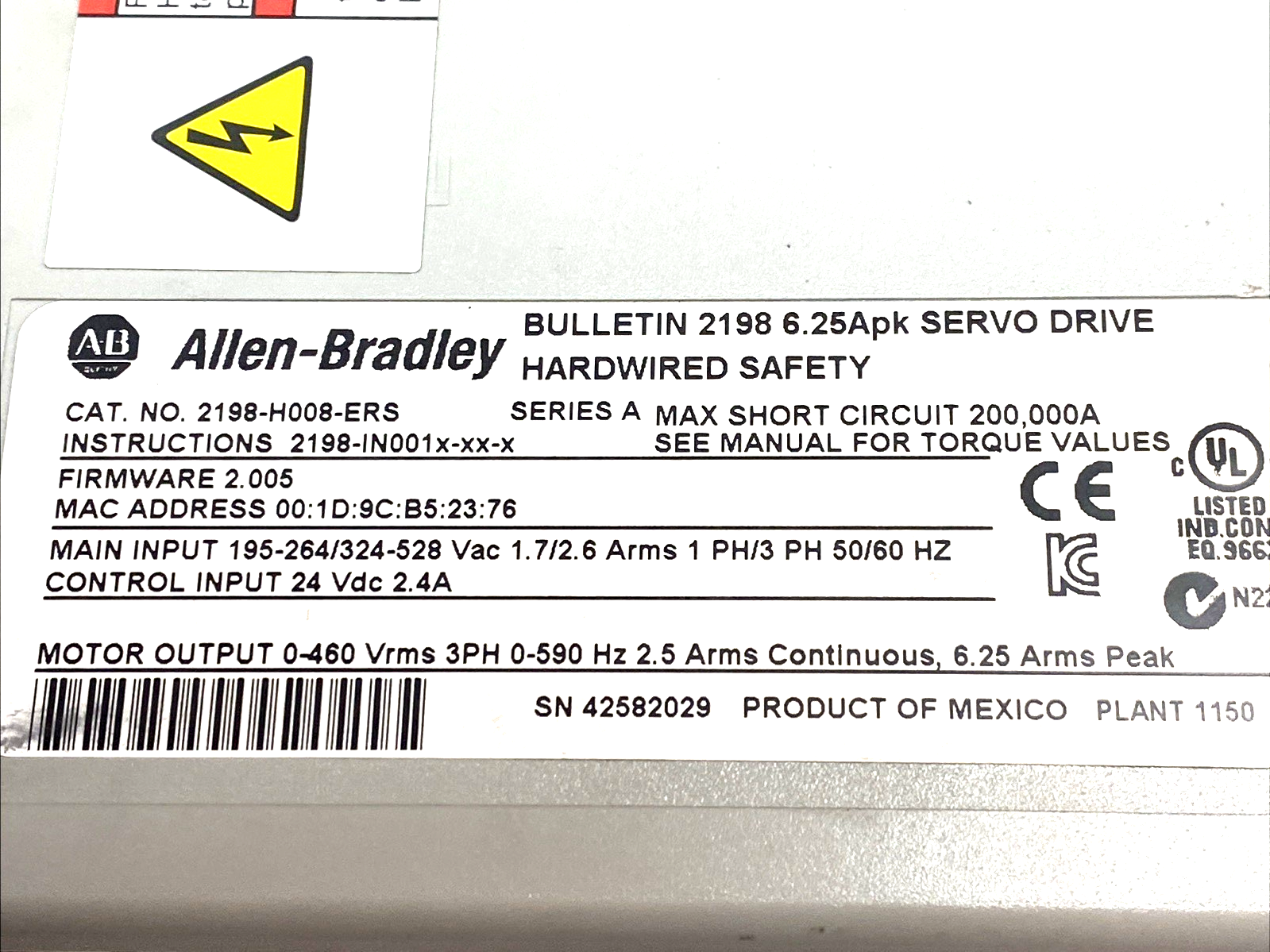 2198-H008-ERS | Allen Bradley Kinetix 5500 Servo Motor 240/480V 3.5A STO - For parts or not working - Maverick Industrial Sales