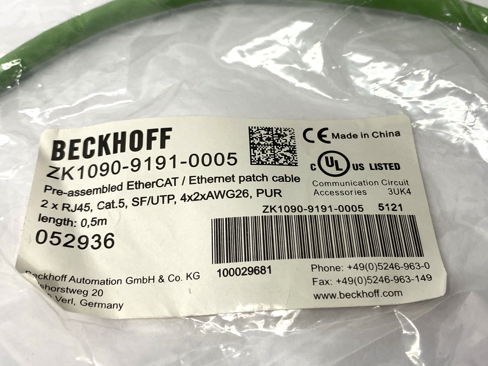 Beckhoff ZK1090-9191-0005 Double-Ended Ethernet Cable RJ45 to RJ45 0.5m Length - Maverick Industrial Sales