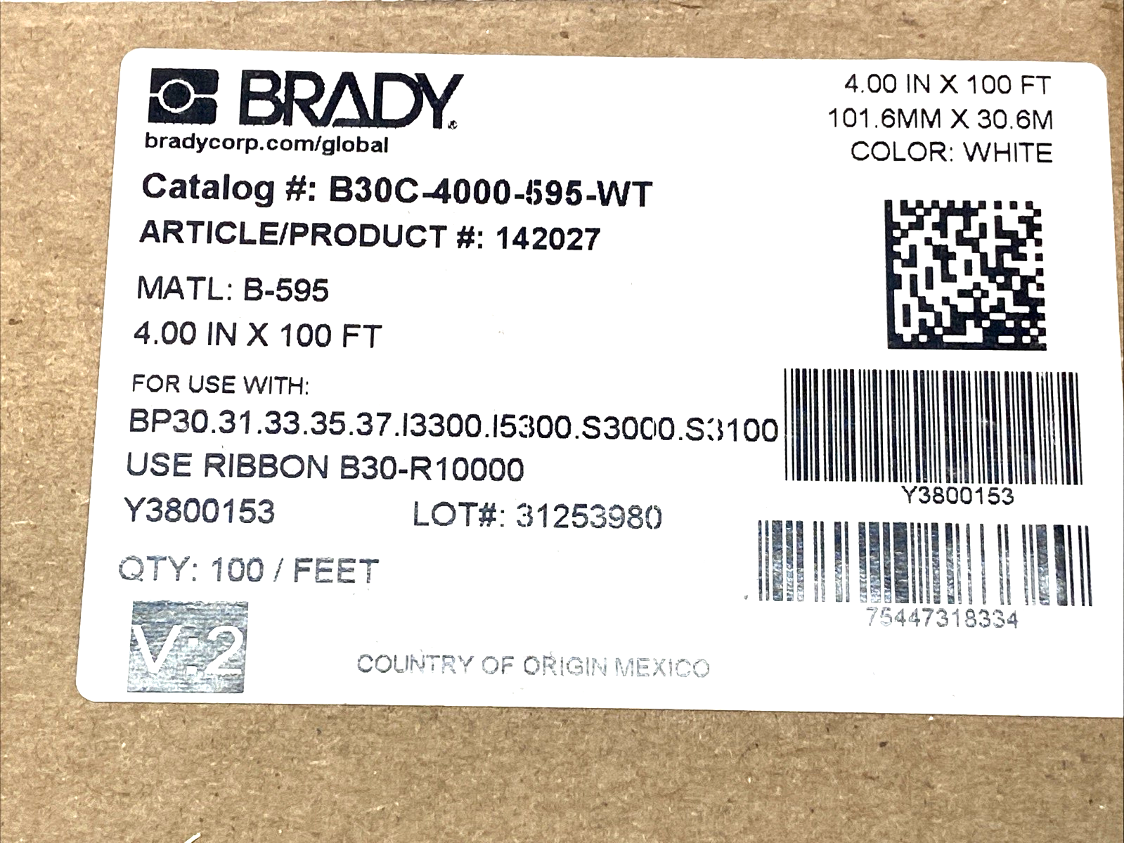 B30C-4000-595-WT | Brady 4" x 100' White Vinyl Label Tape - New - Maverick Industrial Sales