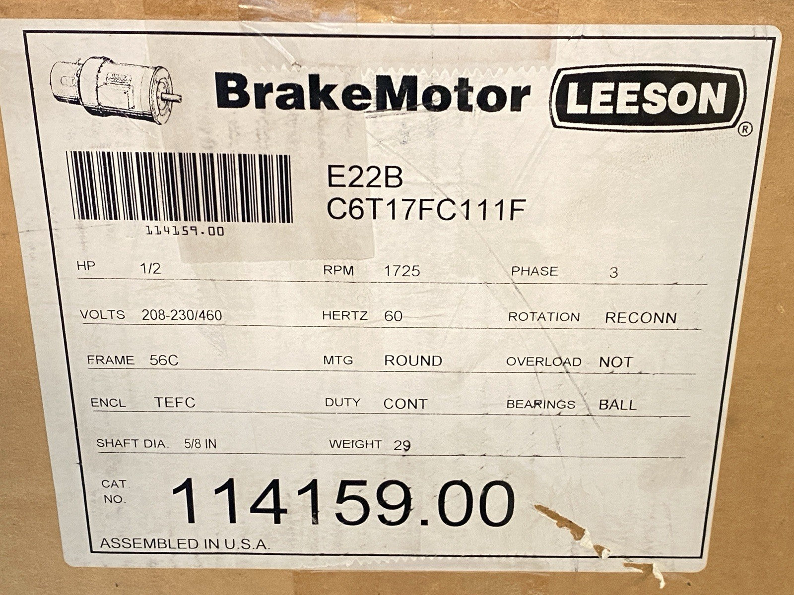 Leeson 114159.00 Electric Brake Motor 1/2HP 1725RPM 208-230/460V 3PH C6T17FC111F - Maverick Industrial Sales