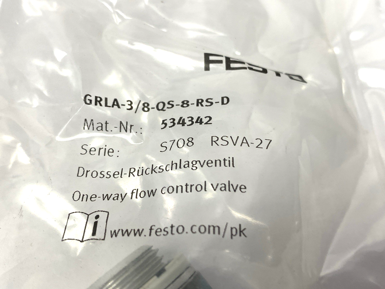 Festo GRLA-3/8-QS-8-RS-D One-Way Flow Control Valve 534342 - Maverick Industrial Sales