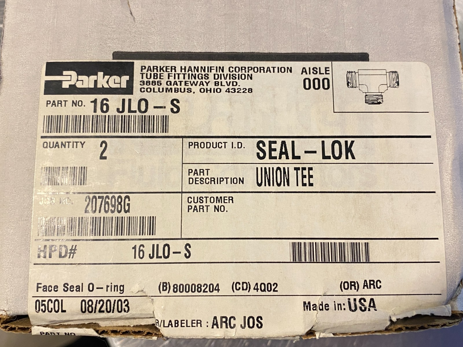Parker 16 JLO-S Seal-Lok O-Ring Face Seal Union Tee Fitting 1" - Maverick Industrial Sales
