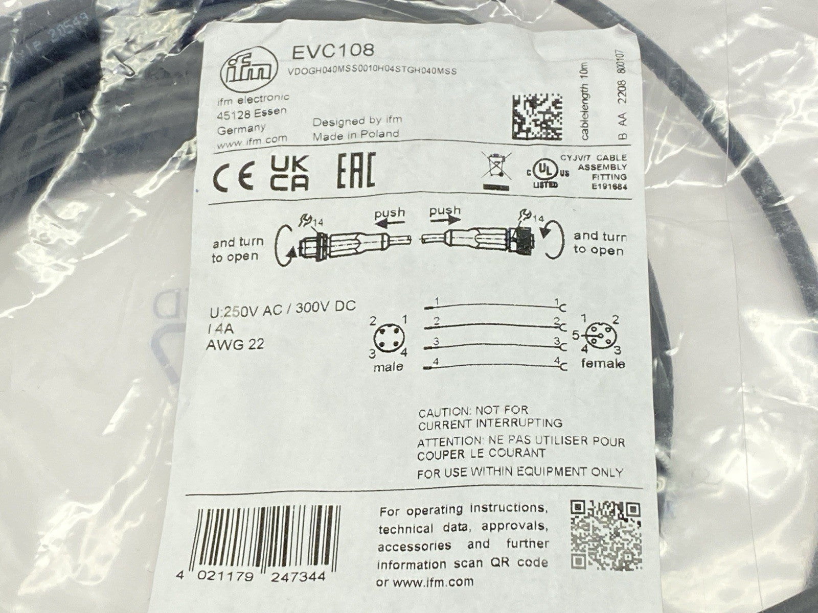 EVC108 | IFM A-Coded Connection Cable M12 10m Length VDOGH040MSS0010H04STGH040MSS - New - Maverick Industrial Sales